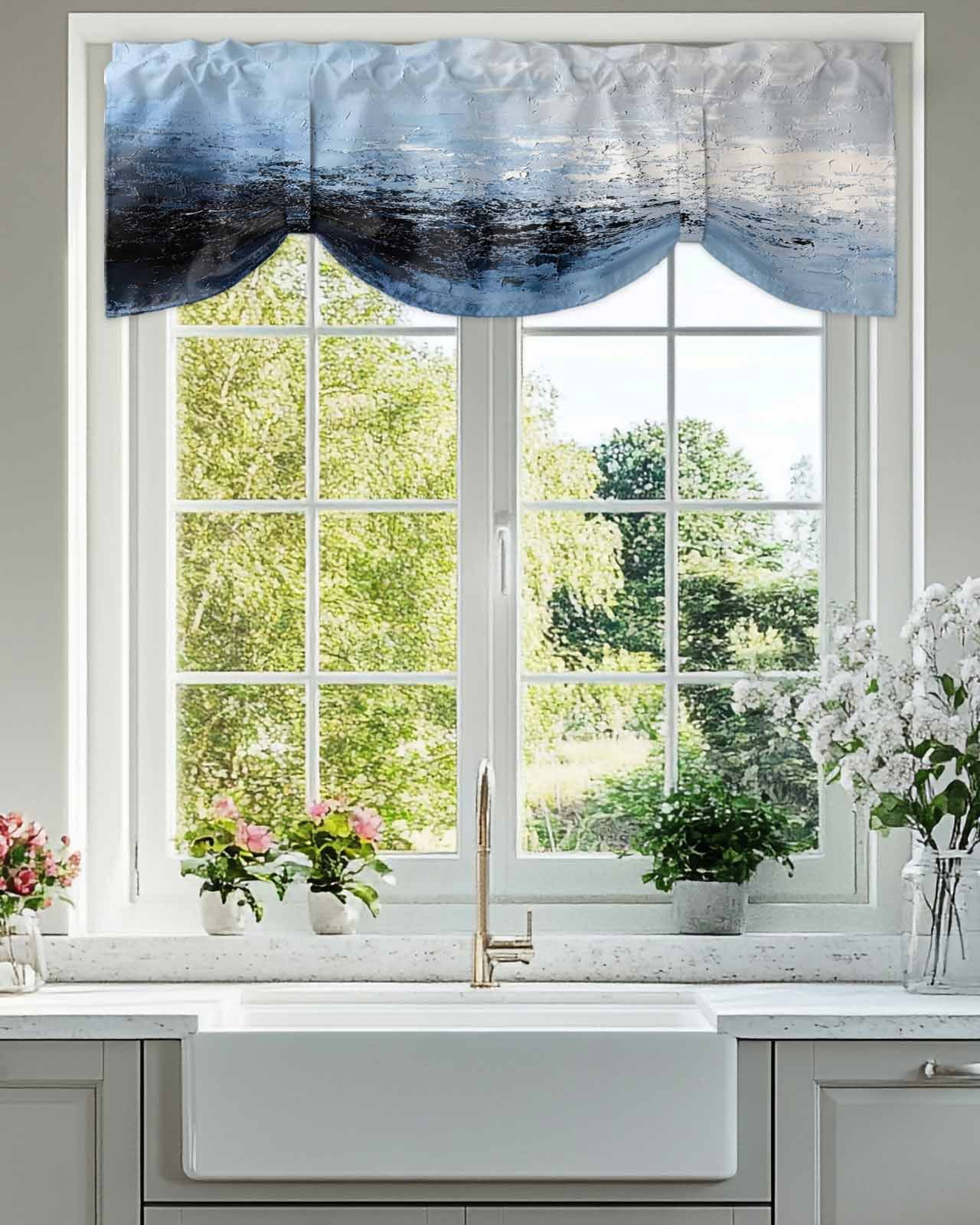 Abstract White Ombre Blue Tie Up Valances Curtain, Oil Painting Ombre Modern Kitchen Valances for Windows Decor, Rod Pocket Short Curtains Set for Bedroom/Bathroom, 60"x18"