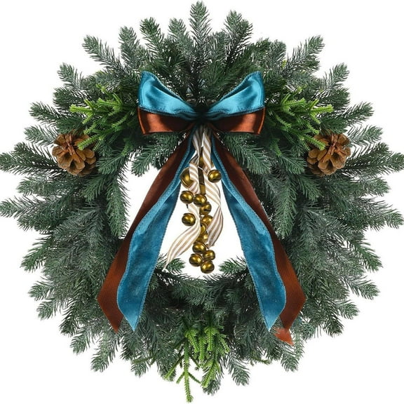 18" Artificial Norfolk Pine Christmas Wreath with Bells and Velvet Bow, Real Touch Faux Greenery Front Door Winter Wreath, Holiday Wall Hanging Decor for Indoor Outdoor Home Christmas Decorations