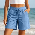 thumbnail image 4 of Gyujnb Women High Waist Cotton Linen Shorts Adjustable Drawstring Waist Casual Summer Shorts with Pockets,Sky Blue, 4 of 5