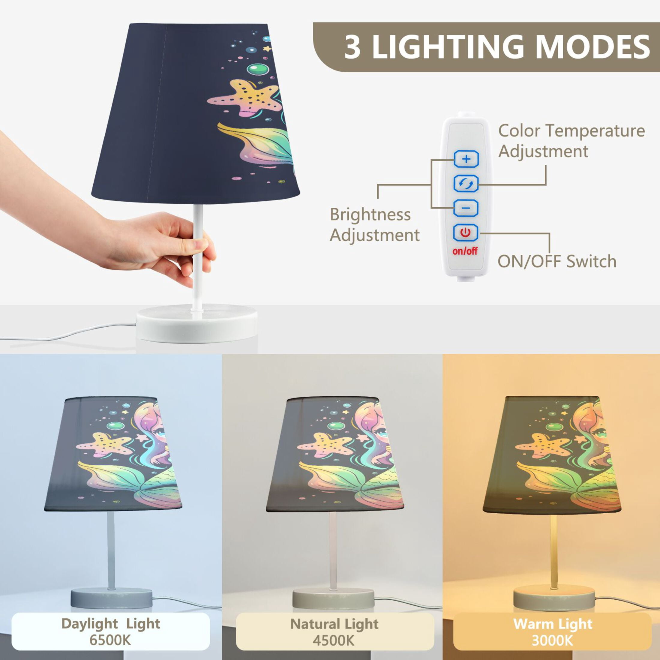 Cartoon Cute Mermaid Desk Lamp LED Table Nightstand Lamps with 3 Color Temperatures for Home Bedroom Living Room Decor 8x12