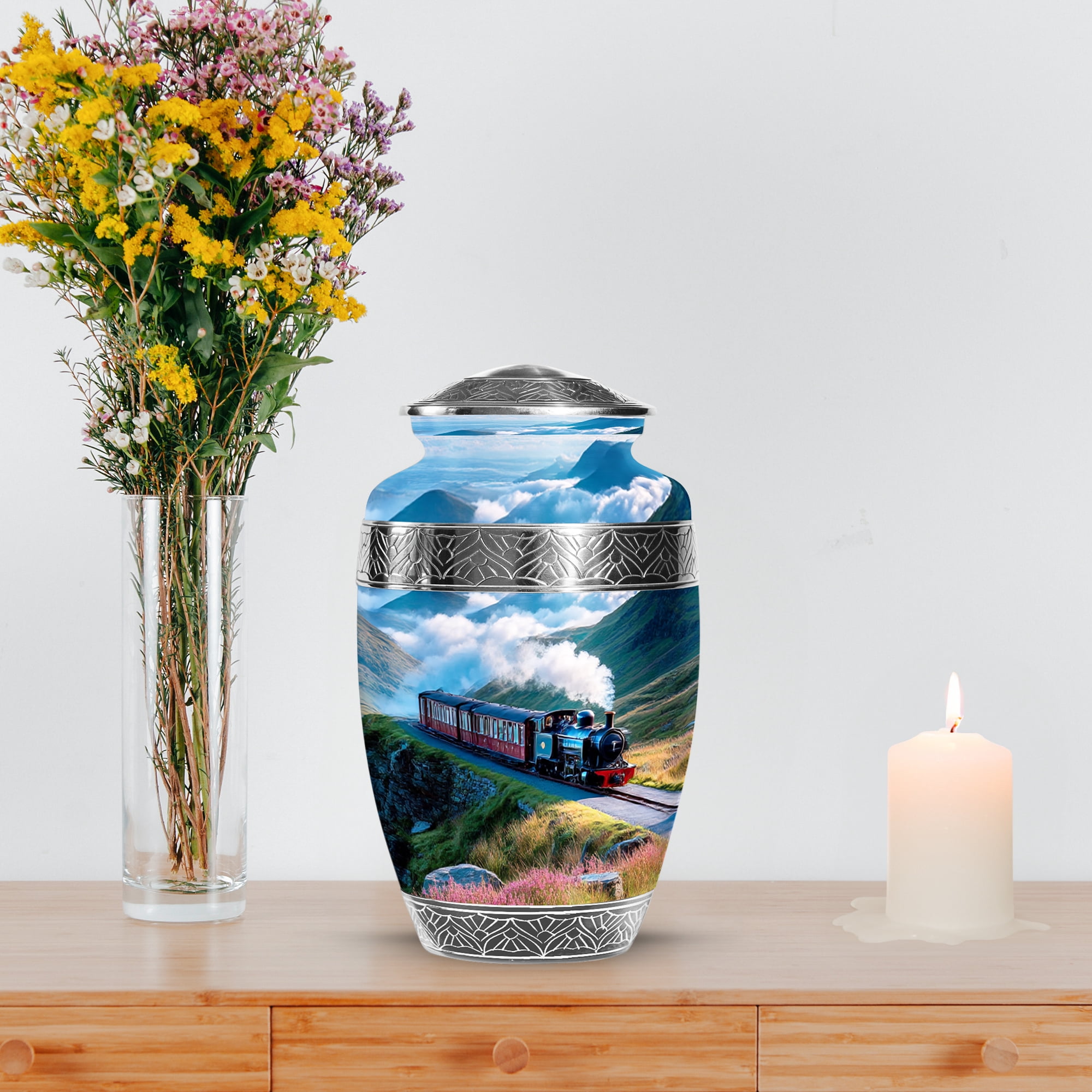 MUKTIVE Train Cremation Urns for Human Ashes Adult Female, Large Funeral Urns for Adult Male, Decorative Burial Urn for Father & Mother, Memorial Urn for Ashes for Men & Women, 10 Inch