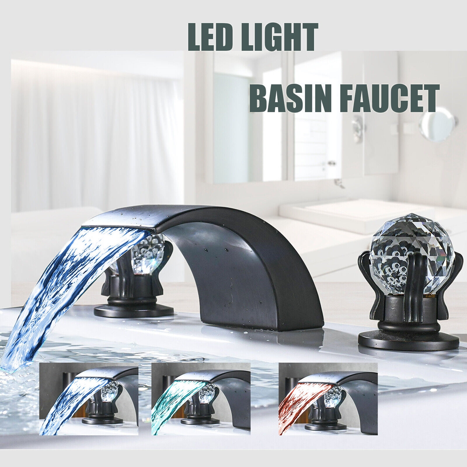 8" Widespread LED Waterfall Bathroom Sink Faucet 2 Handle 3Hole Basin