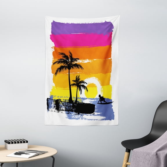 Ride The Wave Tapestry, Exotic Beach with Silhouette of Palm Trees and Surfer Ocean Heaven Image, Wall Hanging for Bedroom Living Room Dorm Decor, 40W X 60L Inches, Multicolor, by Ambesonne