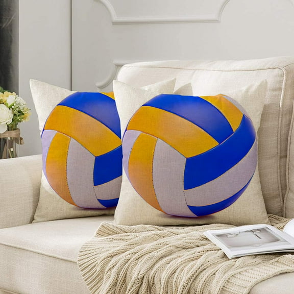 Volleyball Decorative Pillow Cover - Fun Yellow and Blue Volleyball Print Throw Pillow for Active Homes 18x18" Set of 2