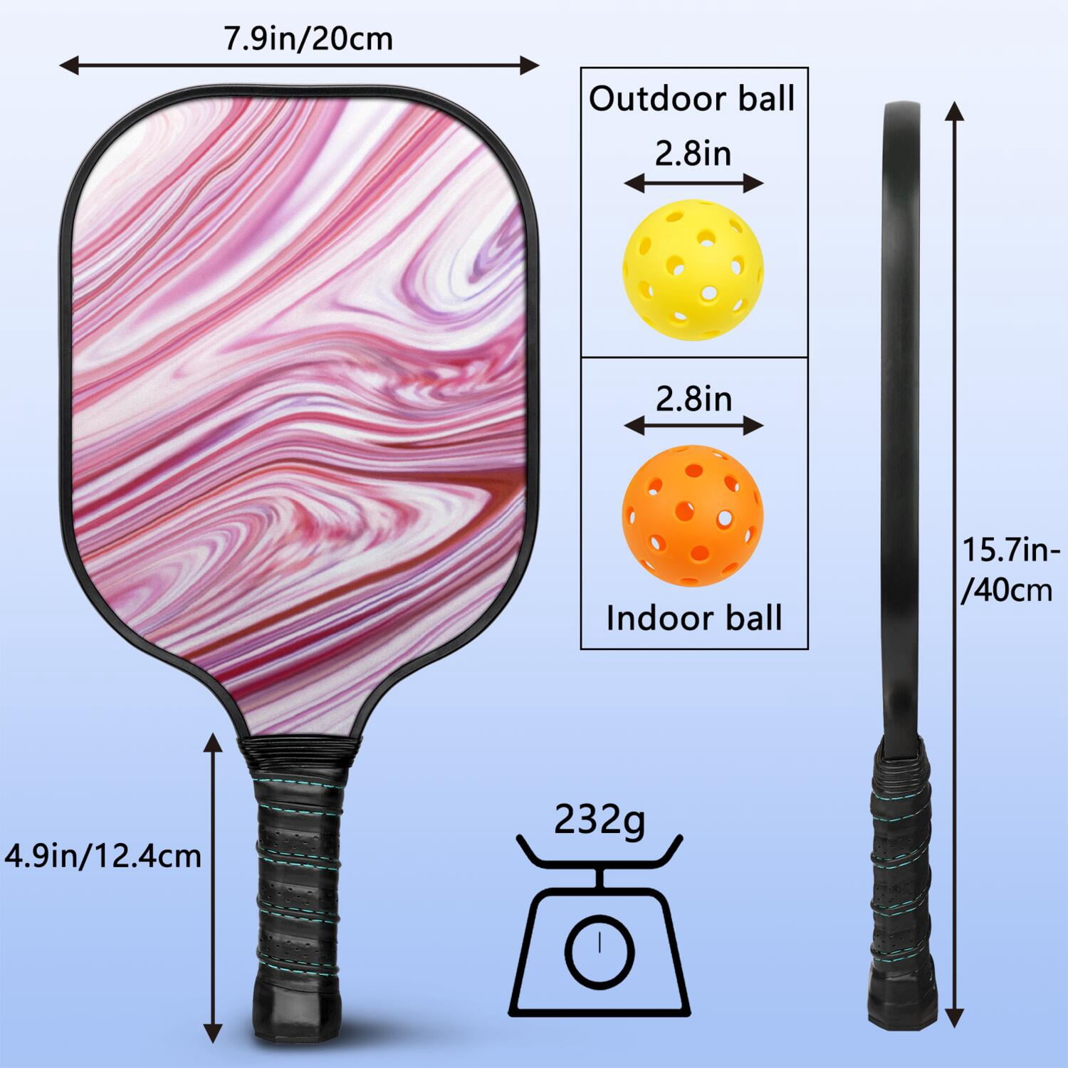 Pickleball Paddles Set Of 1, Fiberglass Surface, Liquid & Marble Print, 1 Paddles, 2 Balls & Bag