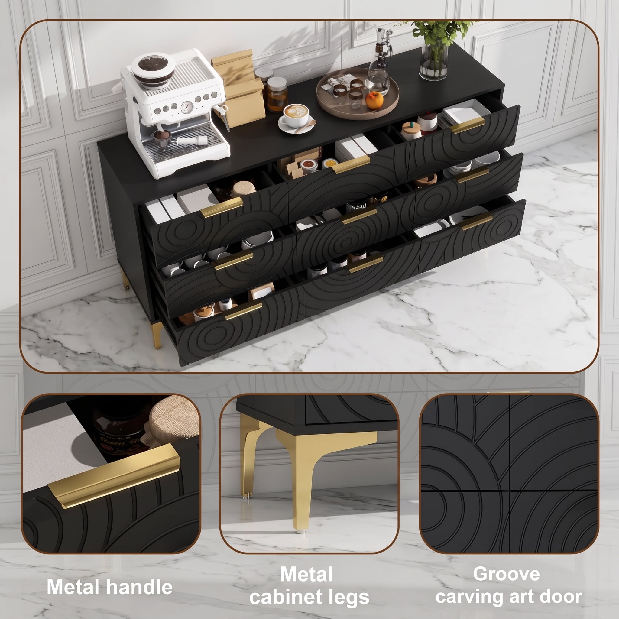 AISWORD 9 Drawer Dresser, Modern Wooden Dresser Chest with Metal Handles, Large Storage for Bedroom, Black