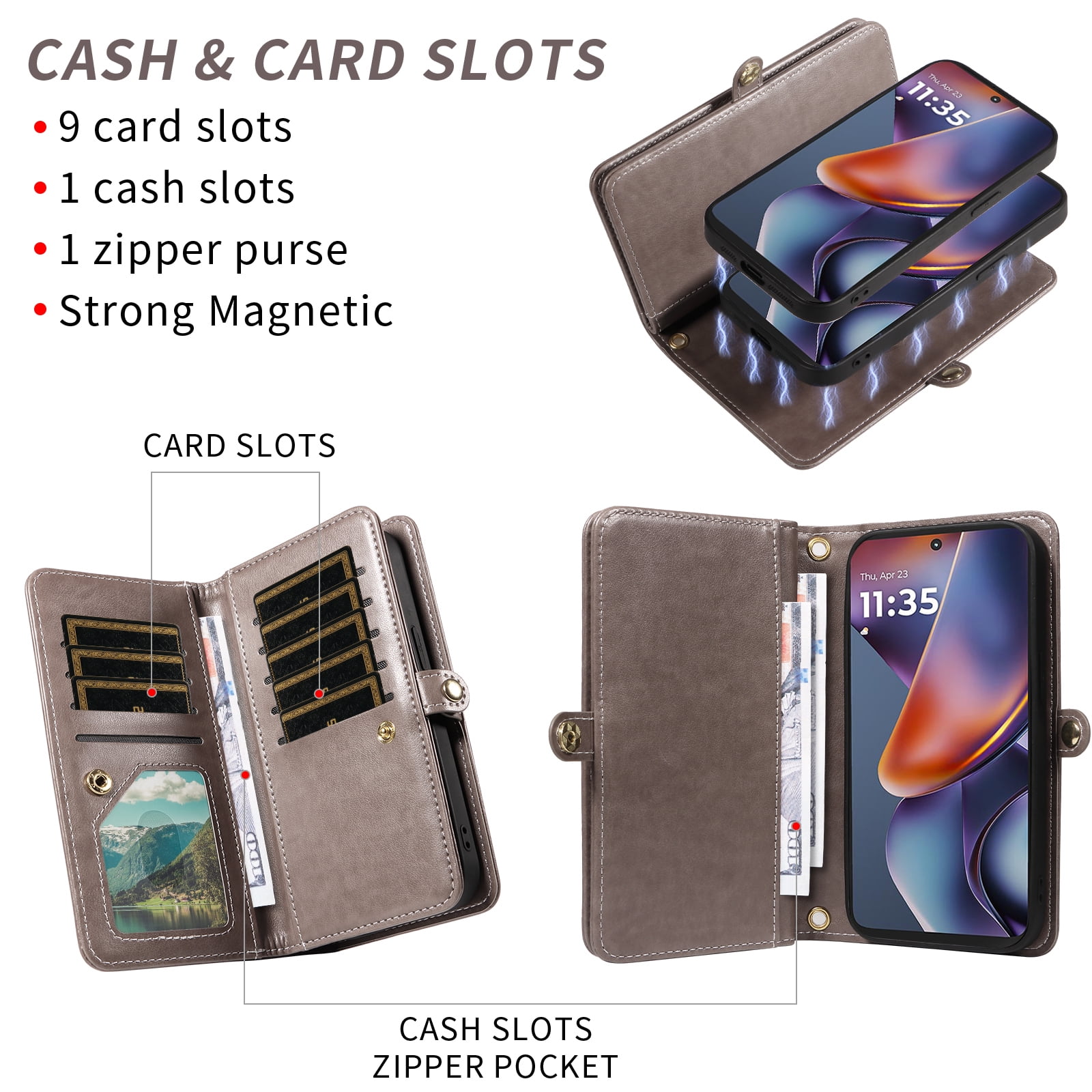 Asuwish Phone Case for Motorola Moto G 5G 2025 Zipper Wallet Detachable Cell Cover with Tempered Glass Screen Protector Crossbody Lanyard Strap Flower Flip Card Holder G5G 5 G G5 Women Men Girls Gray