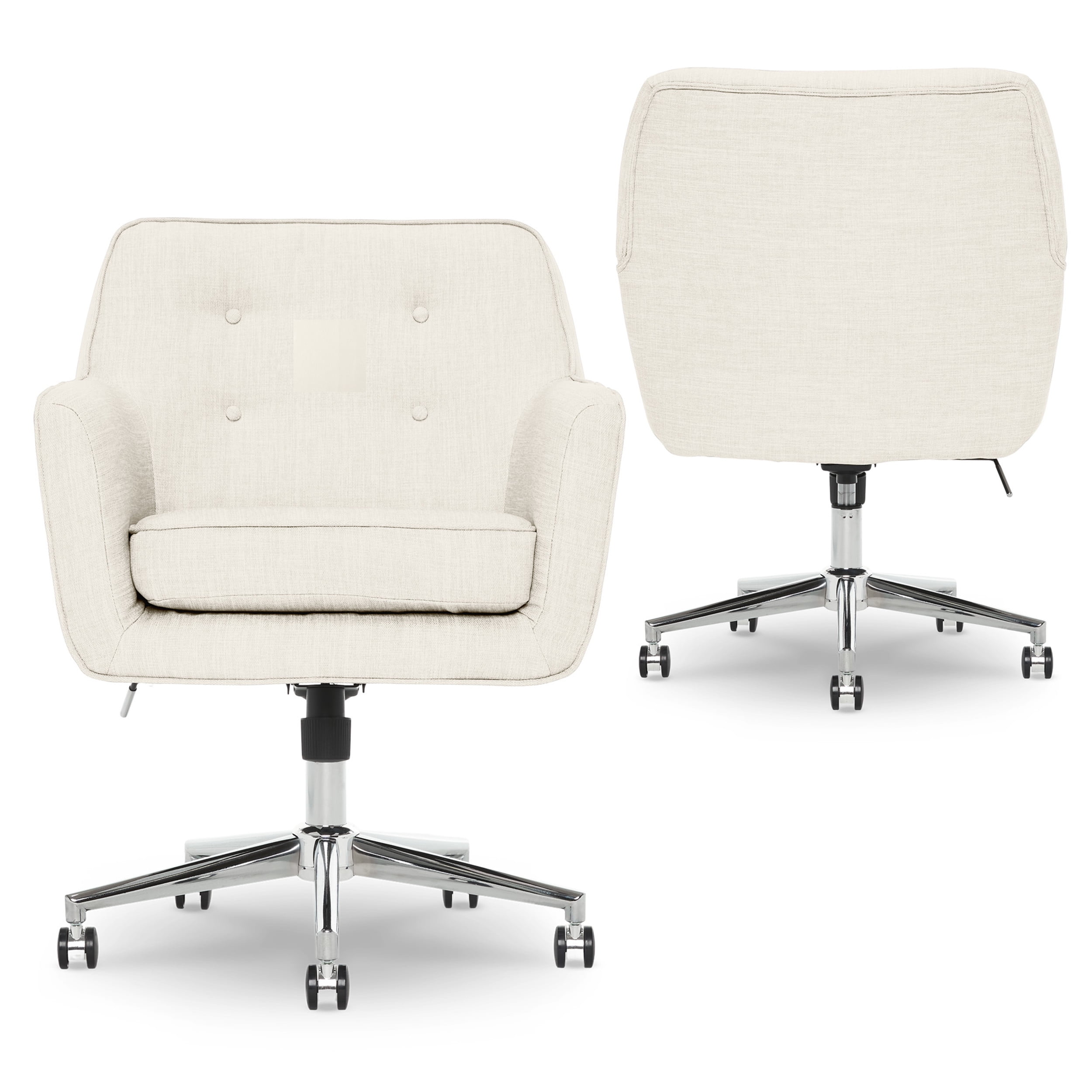 Serta Ashland Home Office Desk Chair with Button Tufted Mid-Back, Memory Foam Cushion and Padded Arms, Modern Vanity Armchair with Wheels for Bedroom, Chrome Metal Base, Ivory