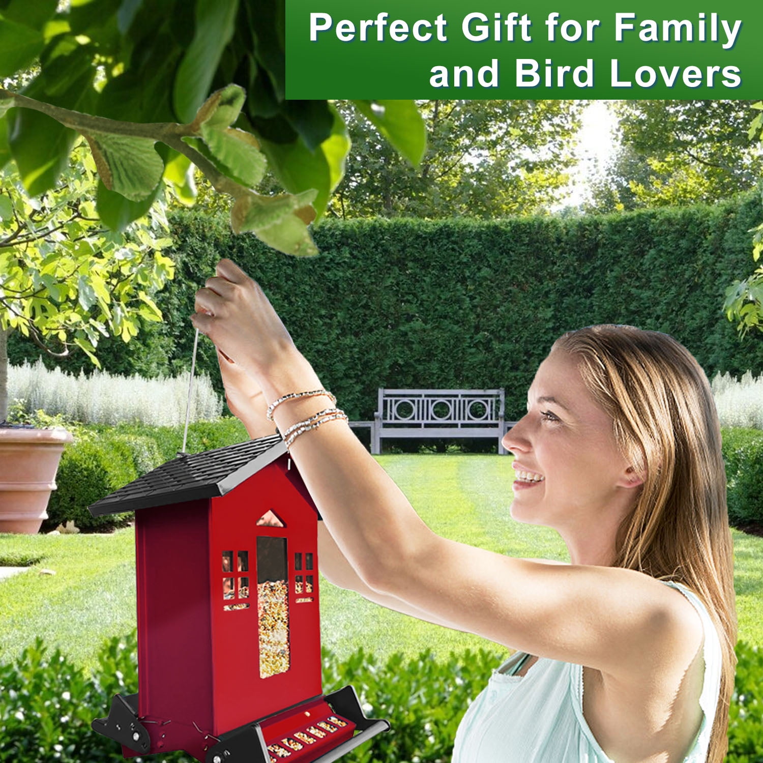 5lbs Squirrel Proof Bird Feeder, Red Metal Bird Seed Feeder for Outdoors Hanging Chew-Proof, Large Seed Capacity for Cardinal, Wild Bird, Finch, Sparrow, Blue Jay, Swallow, Parrot
