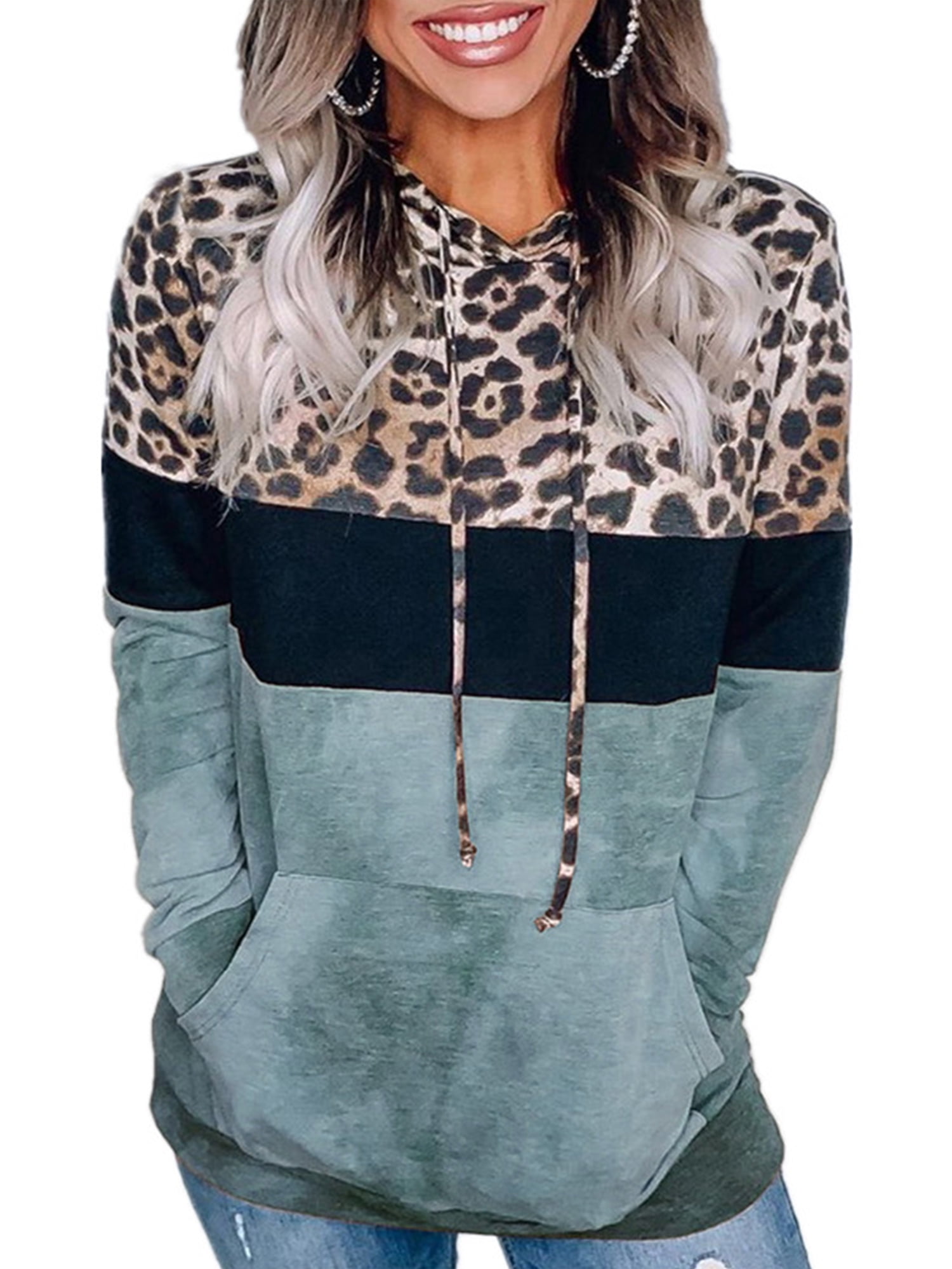 Women Leopard Color Block Print Pullover Jumper Cowl Neck Long Sleeve Drawstring Athleisure 