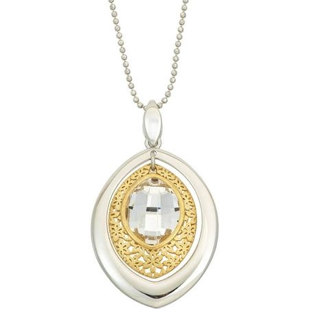 Giuliano Mameli Centered Crystal 14kt Gold-Plated Sterling Silver Matte-Finished Marquise-Shape Flower Pattern White Polished Frame Pendant with Chain