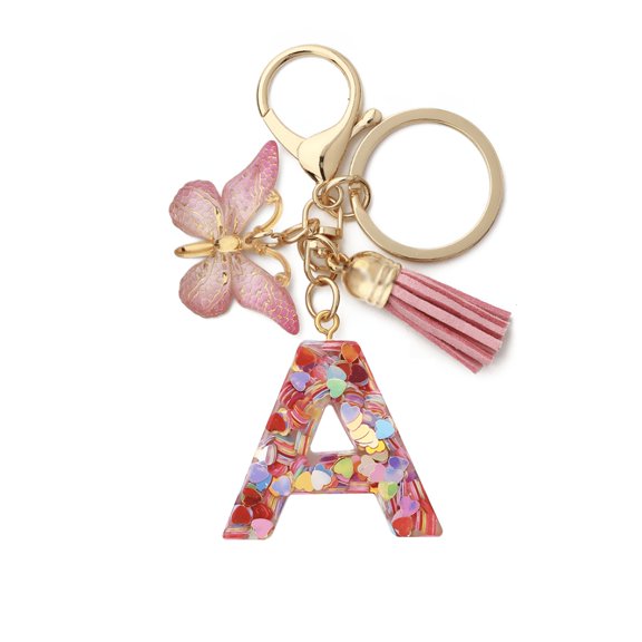 TUWAFE 26 Letter Keychain Initial Keyring Alphabet Resin Flower Key Chain with Butterfly Tassel Pendant Handbag Purse Charm Pink Petal
