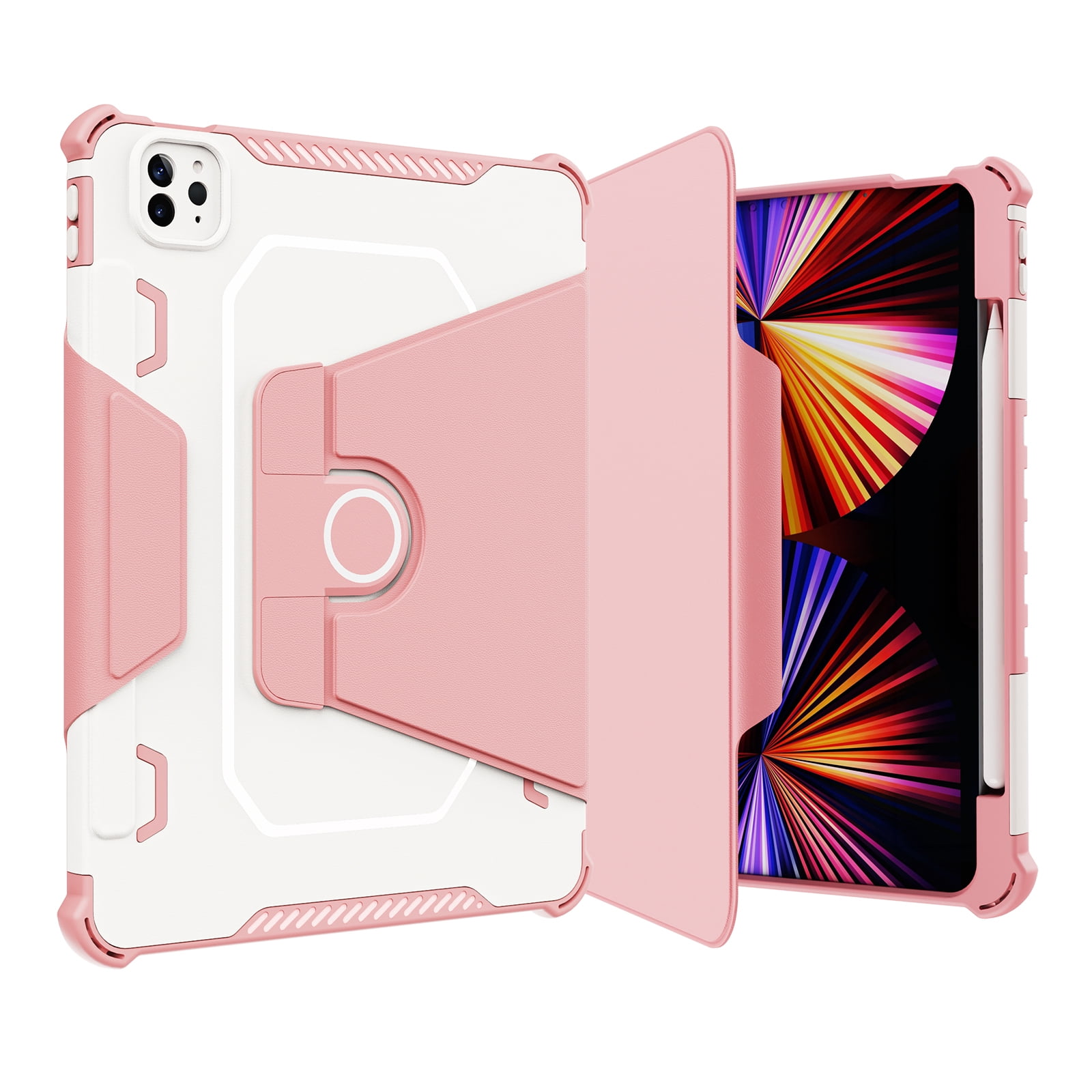 Dteck Case for iPad Pro 11" 4th/3rd/2nd/1st Gen (2022/2021/2020/2018),iPad Air 5th 4th Gen Magnetic Leather Shockproof Rubber Rugged Case Rotatable Kickstand with Pencil Holder Heavy Duty Cover,Pink