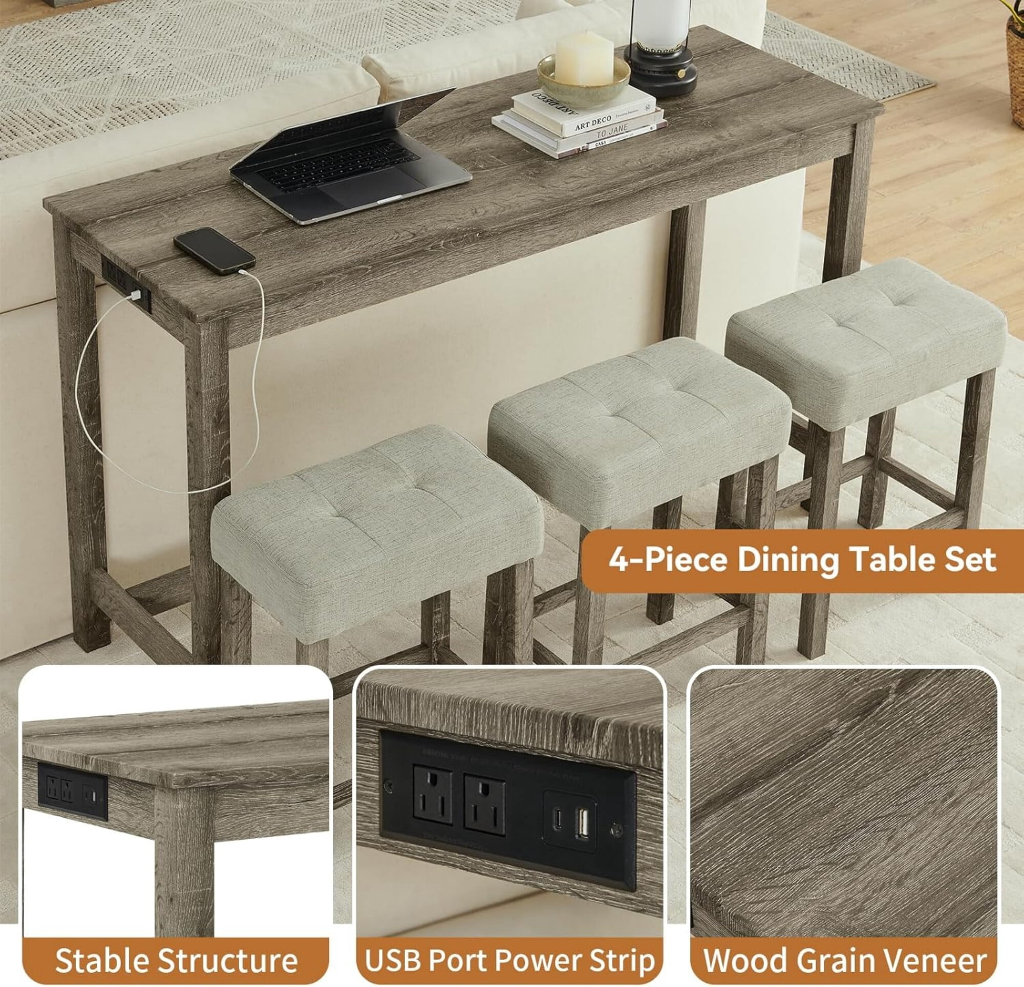 AENKYO 4-Piece Bar Table Set with Charging Station, 59" Counter Height Table and 3 Upholstered Stools for Small Space, Brown