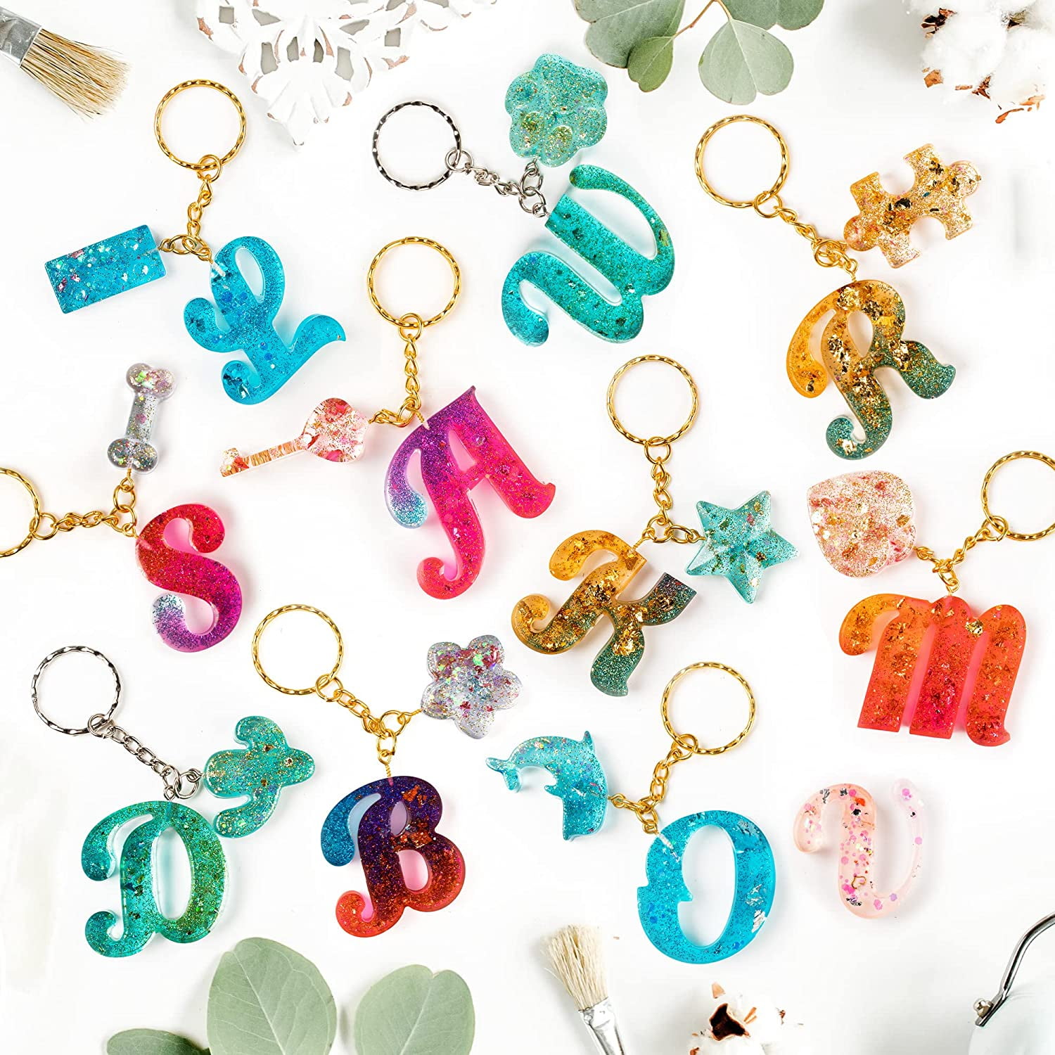 Mocoosy 182Pcs Fancy Alphabet Resin Molds Silicone Kit, Reversed Letter Keychain Epoxy Resin Casting Molds, Resin Key Chain Making Set with 1 Hand Drill 2 Drill Bits 30 Key Rings 100 Screw Pins