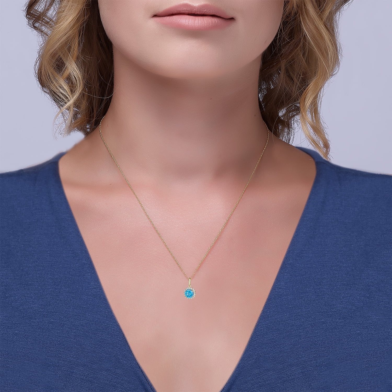 AVORA 10K Yellow Gold December Birthstone-Genuine Blue Topaz with Simulated Diamond CZ Halo Pendant Necklace with 18" Chain