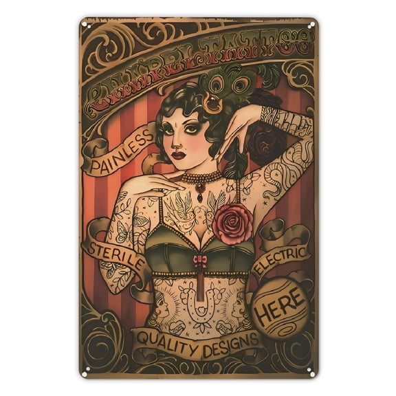 1pc Vintage Floral Tattoo Metal Tin Sign, 8x12 Inch, Retro Wall Art Decor for Home, Cafe,  Garage, Club, English Text, Wall Hanging, Multi-Purpose, Rustic Style