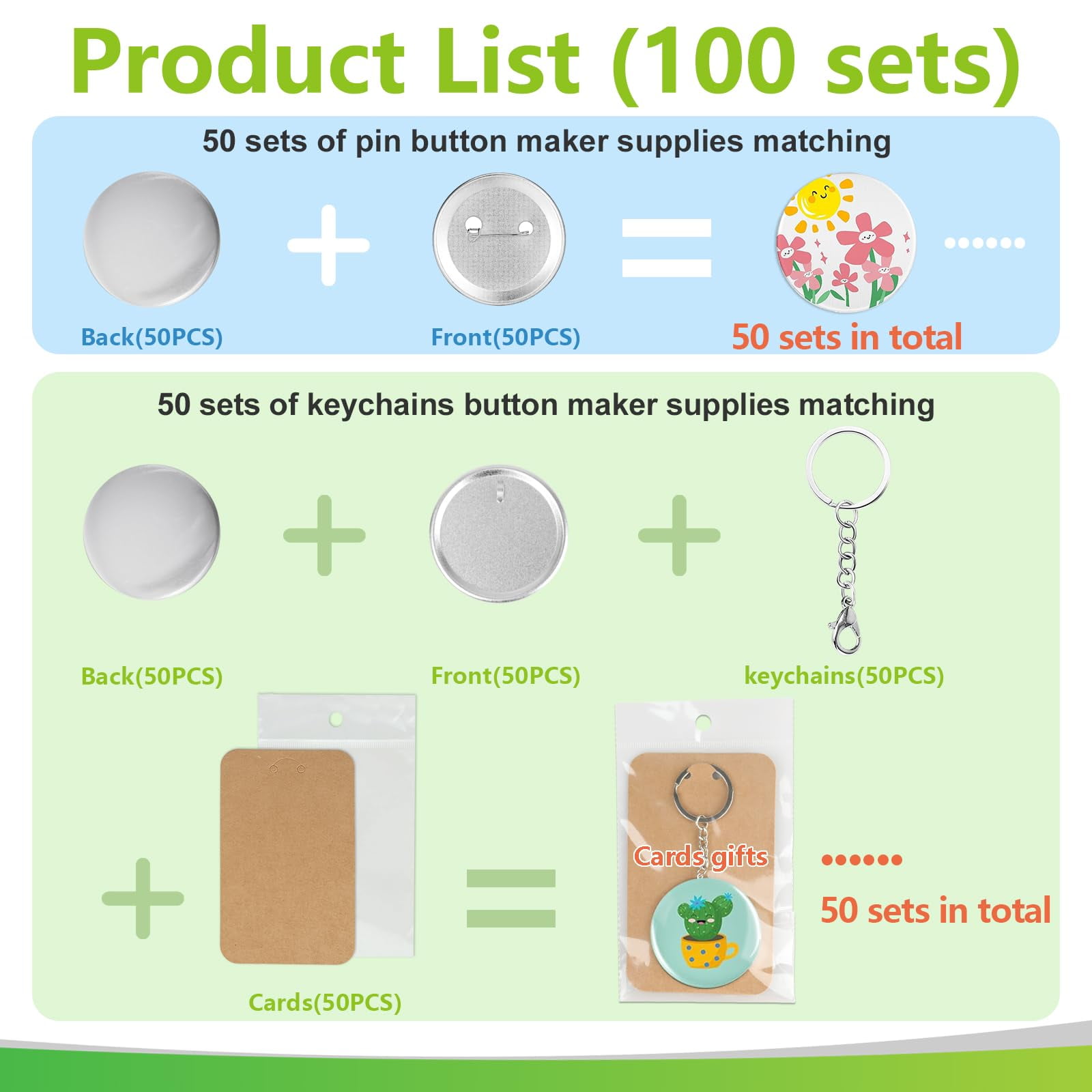 100 Sets (50 Sets pin+50 Sets Keychain) 58mm/2.25 inch Button Maker Supplies, Keychain Pins Metal Round Badge Button Parts Making Kit for Button Maker Machine with Metal Cover DIY Gifts