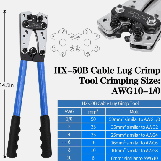 Heavy-Duty Battery Cable Crimping Tool Kit for AWG 8-1/0, Includes Ratchet Crimping Plier, Cable Wire Cutters, 60Pcs Copper Wire Lugs, 164Pcs Heat Shrink Tubing & Work Gloves.