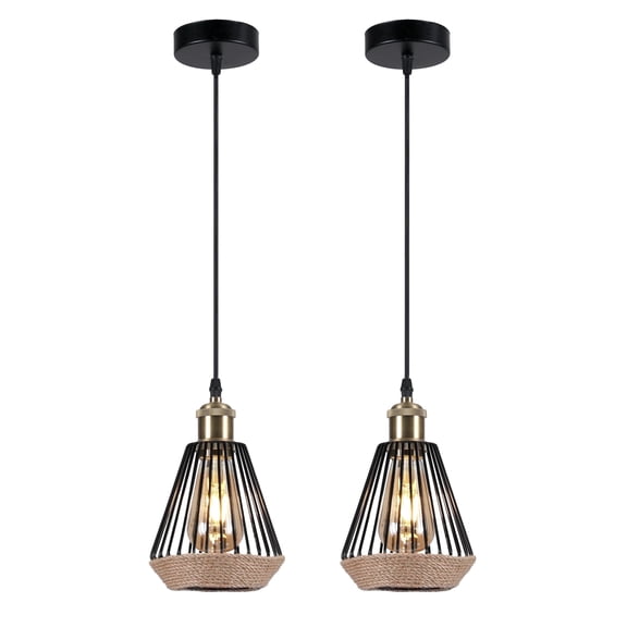 DAYBETTER Pendant Light Diamond Shaped 2Pack, Boho Hanging Lamp with Hemp Rope Design, 2700K Warm Light for Kitchen Island, Dining Room, Bedroom