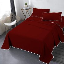 DNG Creations 4 Piece Pom Pom Sheet Set 100% Egyptian Cotton, White Pom-Pom Fringe Solid Pattern 10 Inch Deep Pocket ( Solid Burgundy - Twin XL )