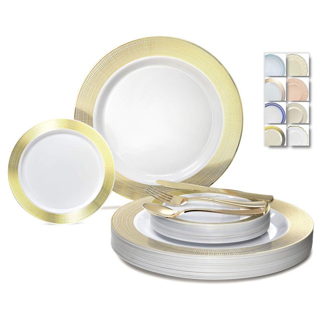 " OCCASIONS " 600 Pcs Set & 120 Guest Wedding Disposable Plastic Plate & Silverware Combo Set (Linen White & Gold, Gold Silverware)