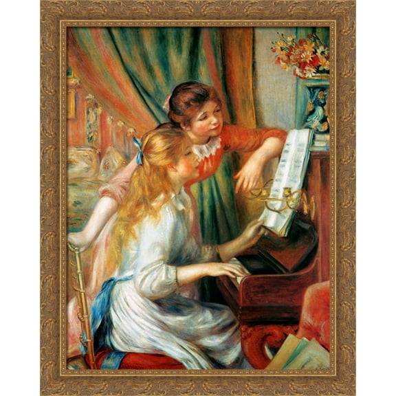 Girls at the Piano 28x36 Large Gold Ornate Wood Framed Canvas Art by Pierre Auguste Renoir