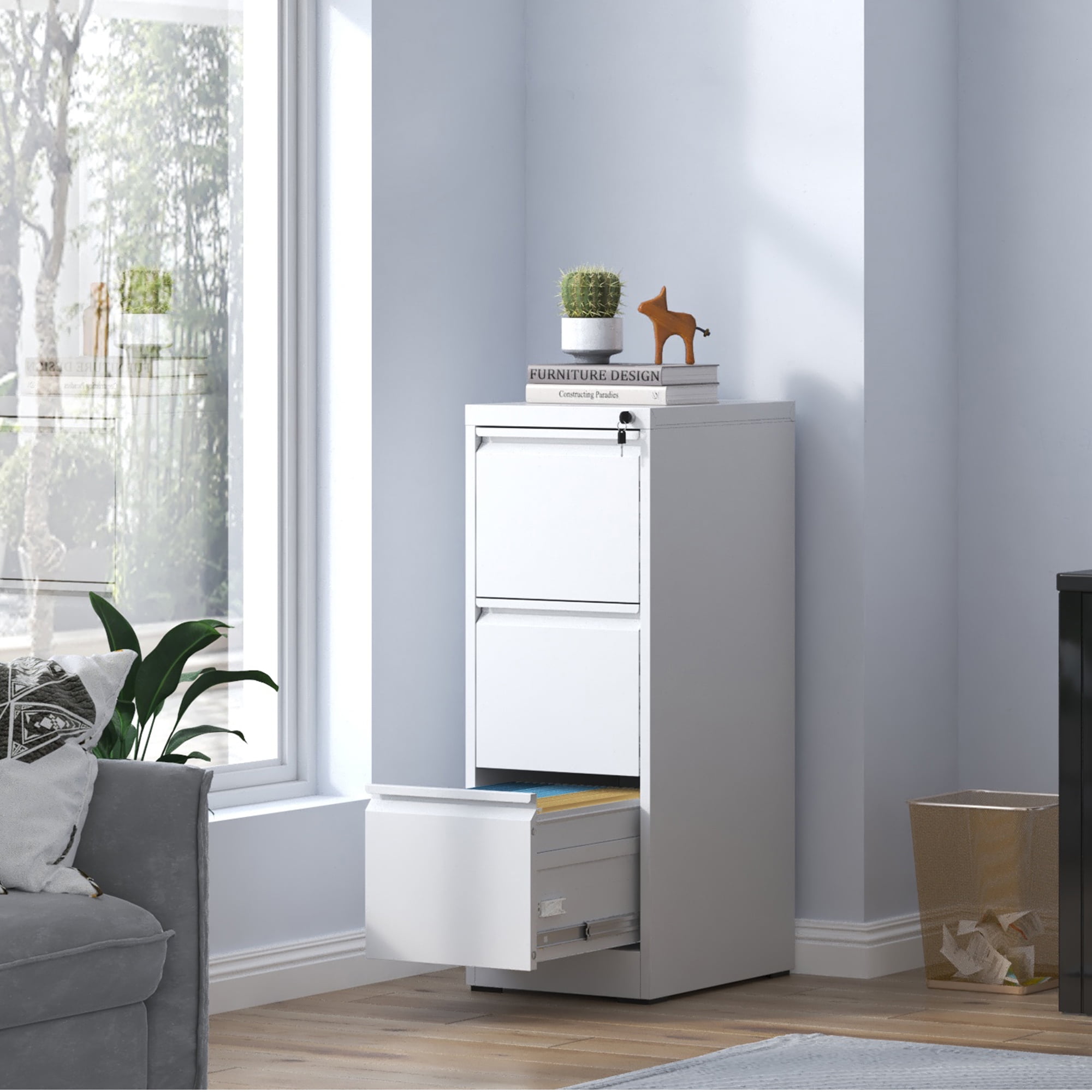 Dtwnek 3 Drawer Metal Vertical File Cabinet with Lock, Office Home Steel Vertical File Cabinet for A4 Letter Size, White