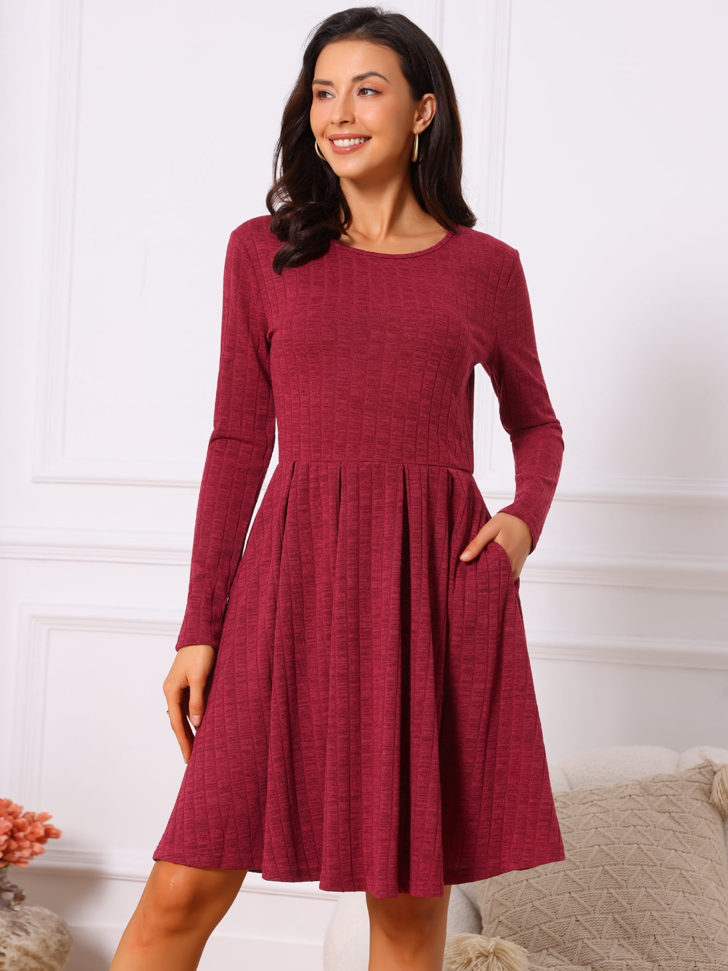 DARING DIVA Long Sleeve Round Neck A- Line Swing Knee Length Dress S Wine Red