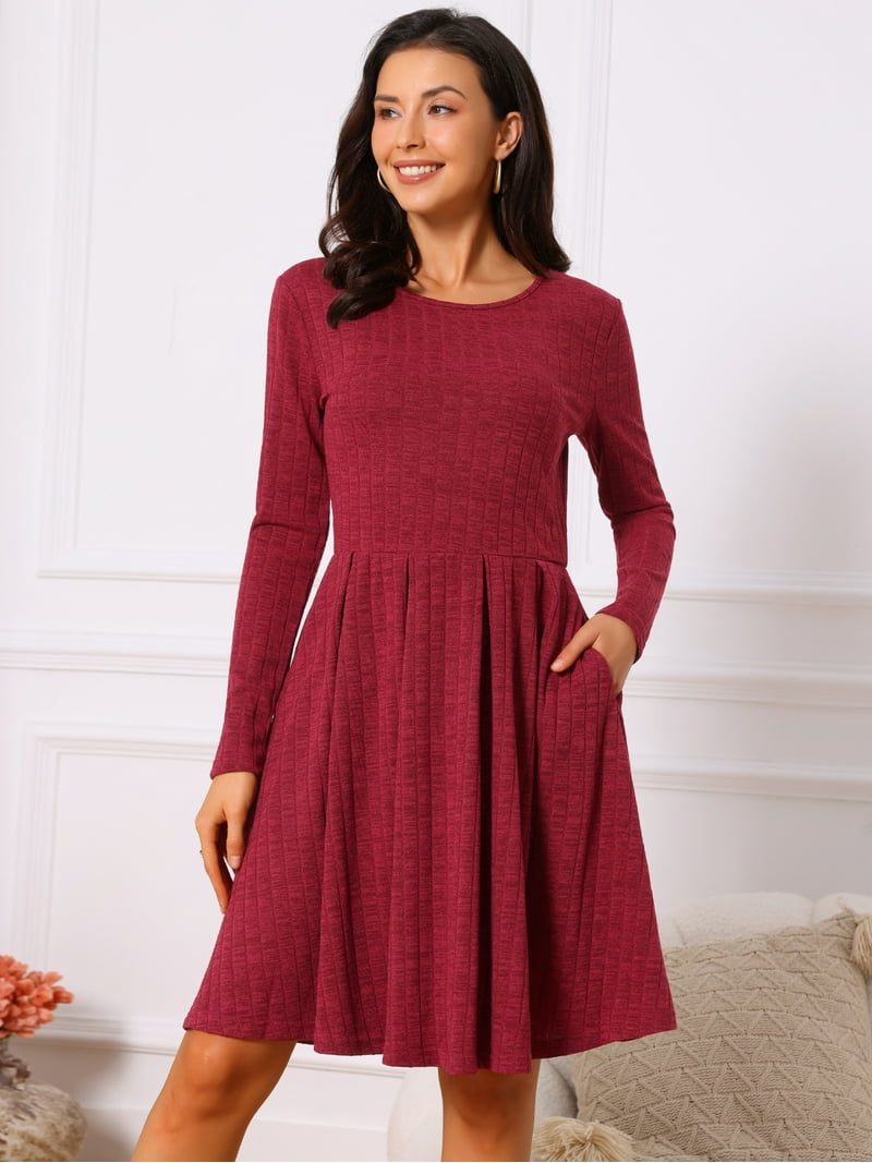 Daring Diva Long Sleeve Round Neck A- Line Swing Knee Length Dress S Wine Red, Women's, Size: Small, Gold