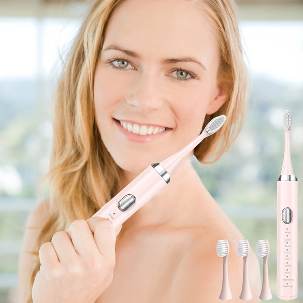 Cepillo de dientes eléctrico con 8 cabezas y temporizador - IPX7 impermeable, 8 modos, USB recargable, portátil para viajar - Blanco y rosa