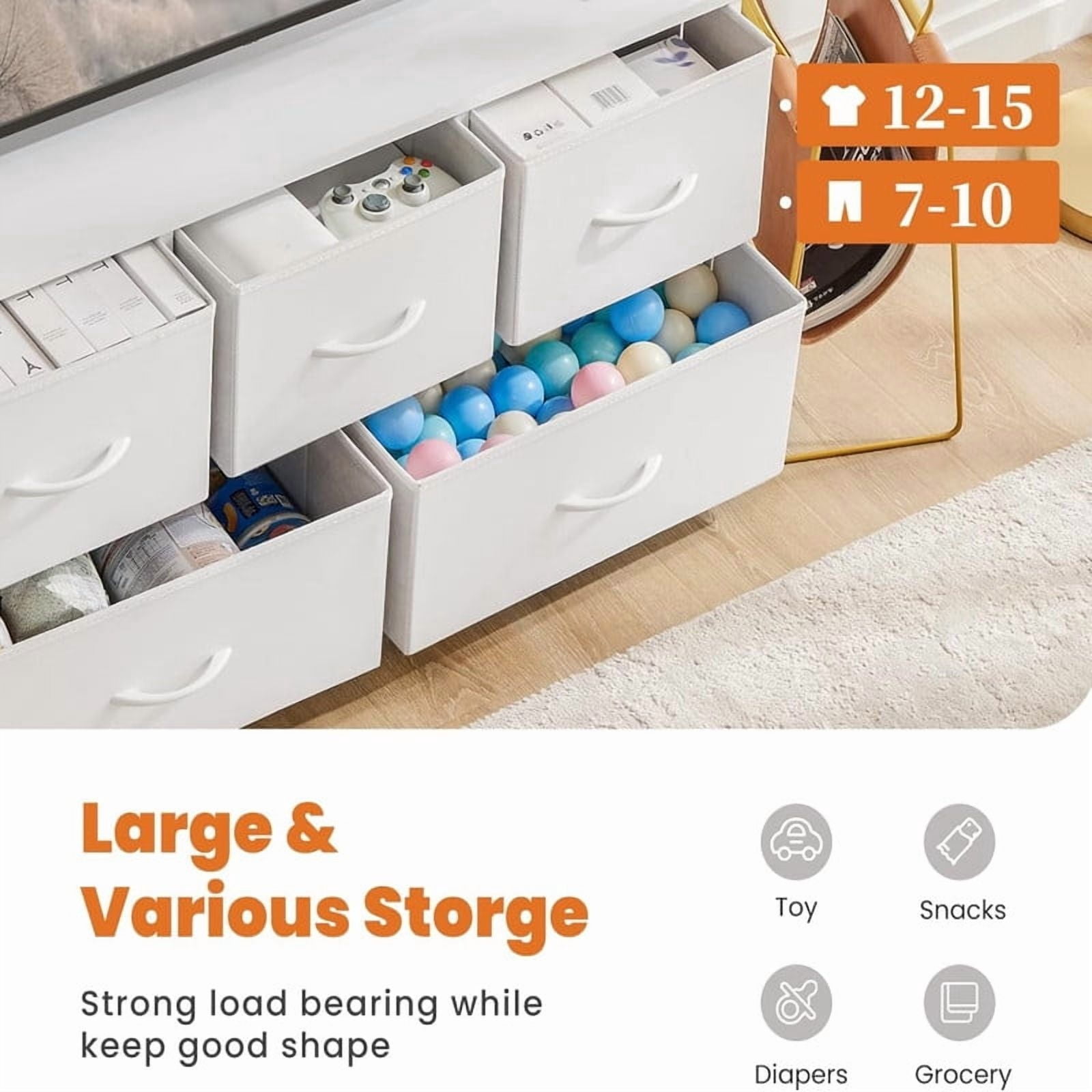 Kelno 5 Drawer Dresser Fabric Chest of Drawers Storage Organizer Wood Top Surface for TV, White