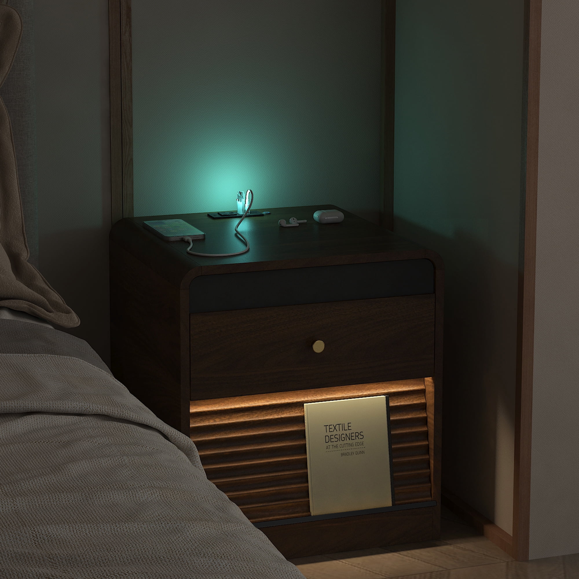 Aukfa Smart Nightstand with Charging Station, Side Table with Voice-Controlled 7-Color LED Light, Modern Bedside Table for Bedroom,Walnut