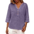 thumbnail image 5 of Womens Short Sleeve Tops Casual V Neck Button 3/4 Sleeve Linen Blouse Loose Fit Solid Color Tops for Summer, 5 of 6