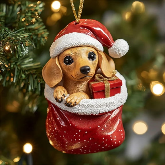 Christmas Dog Ornament 2D Flat Acrylic - Cute Puppy Pendant for Tree Window, Lightweight Holiday Keepsake and Car Tags Gift