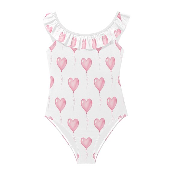 Girls Ruffled One Piece Swimsuit Summer Beach Vacation Swimwear Tank Swimsuit Heart-shaped Balloon Pattern