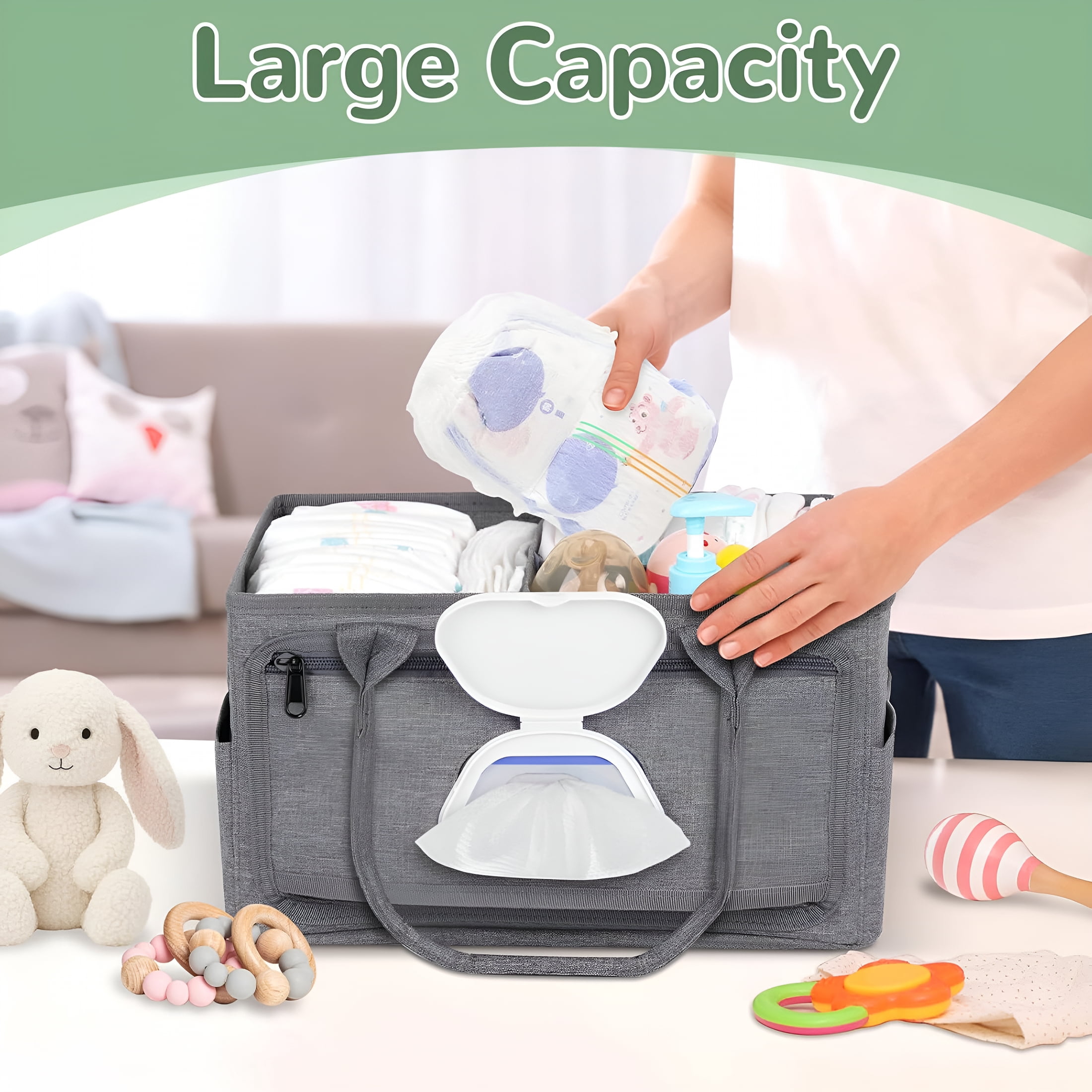 XIBUFE 2026 New Diaper Caddy with Wipe Dispenser One-Handed Access,Premium Diaper Organizer,Portable Car Organizer Nursery Basket for Newborn,Perfect Registry Must Haves for Boys&Girls,Grey