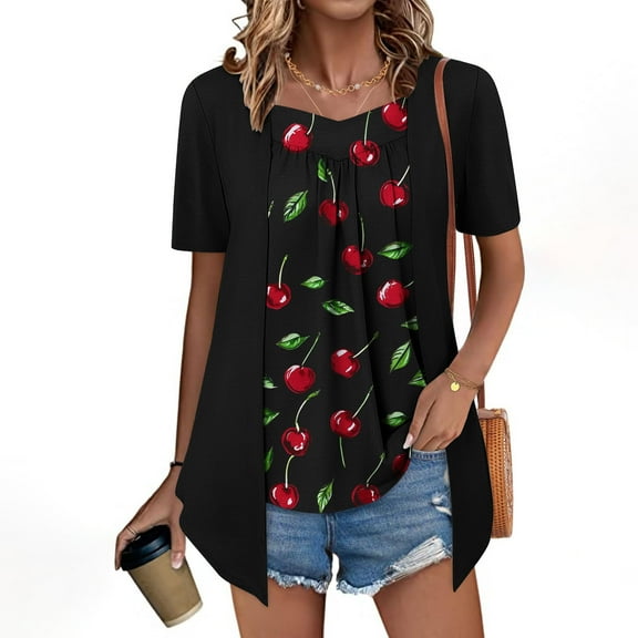 Aobny Black Date Night Tops for Women High Low Ruched Tees Crew Neck Short Sleeve Cherries Women Tshirt,XL