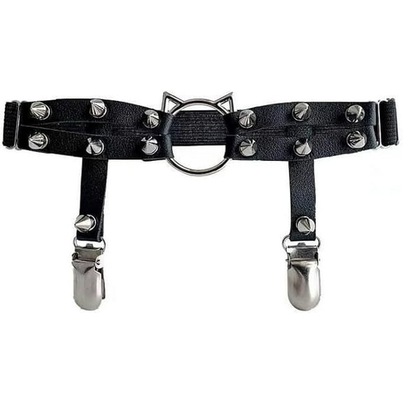 Women's Gothic Leather Garter Belt - Adjustable Elastic Leg Strap with Cat Design, Rivet Studs for Dance & Fashion Accessories