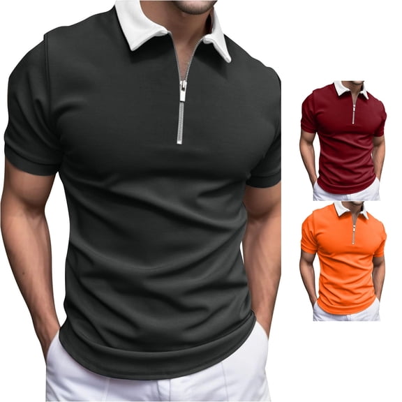 Trendfront Mens Solid Color Half Zip Polo Shirts Short Sleeve Contrast Collar Casual Summer Golf Shirt Tops