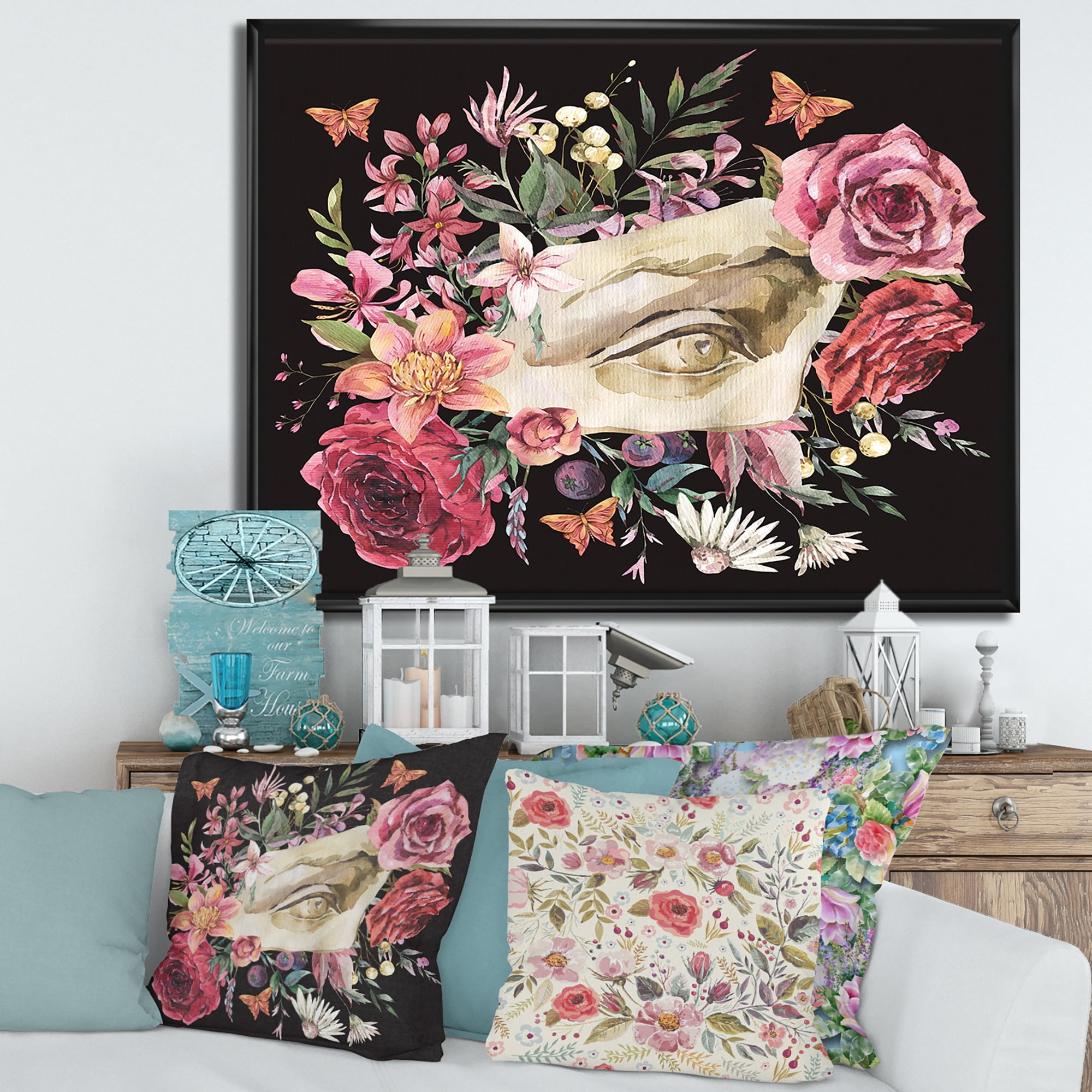 Designart 'Dried Wildflowers With Greek Sculpture David Eye' Farmhouse Framed Canvas Wall Art Print