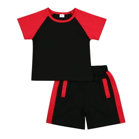 

Musuos 2Pcs Summer Little Boys Outfit Fashionable Toddlers Round Collar Double Color Splicing Raglan Short Sleeve Top + Casual Shorts