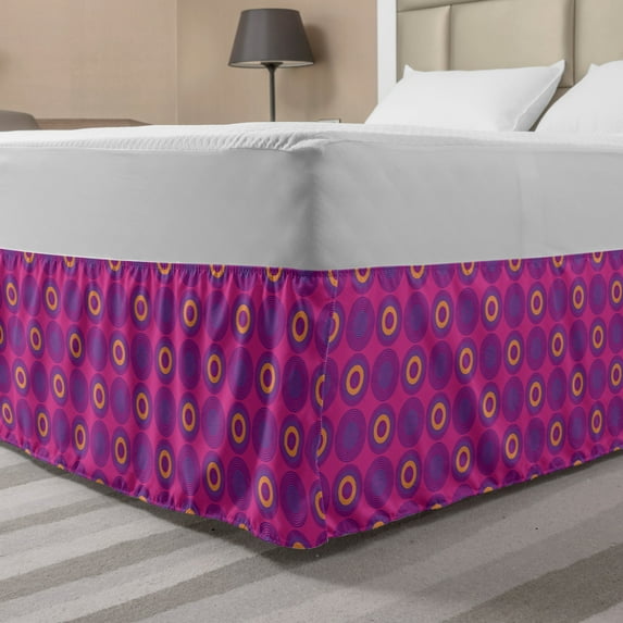 Abstract Bed Skirt, Circular Spirals Nested in Vibrant Hues, Elastic Bedskirt Dust Ruffle Wrap Around for Bedding Decor, 4 Sizes, Hot Pink Royal Blue, by Ambesonne