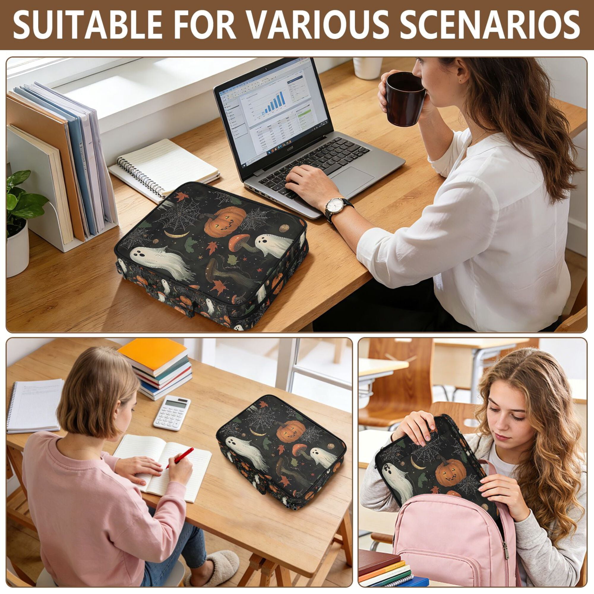 FORMRS Accordion File Folder A4 Size 7-Pocket Expanding Document Organizer Bag with 3 Ring Binder, Autumn Ghost Pattern