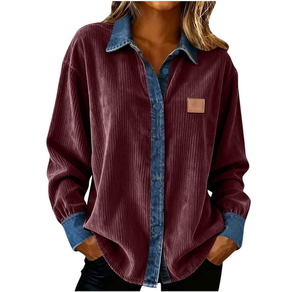 MVRLSH Blouses For Women Dressy Casual Women Casual Corduroy Denim Patchwork Jacket Long Sleeve Turndown Collar Distressed Jean Coat Red S-Xxl