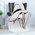 thumbnail image 4 of Lips Soft Flannel Fleece Throw Blanket, Minimalist HDrawn Long Hair Girl Wearing a Big Floppy Hat, Cozy Plush for Indoor and Outdoor Use, 50" x 60", Vermilion Black White, by Ambesonne, 4 of 5