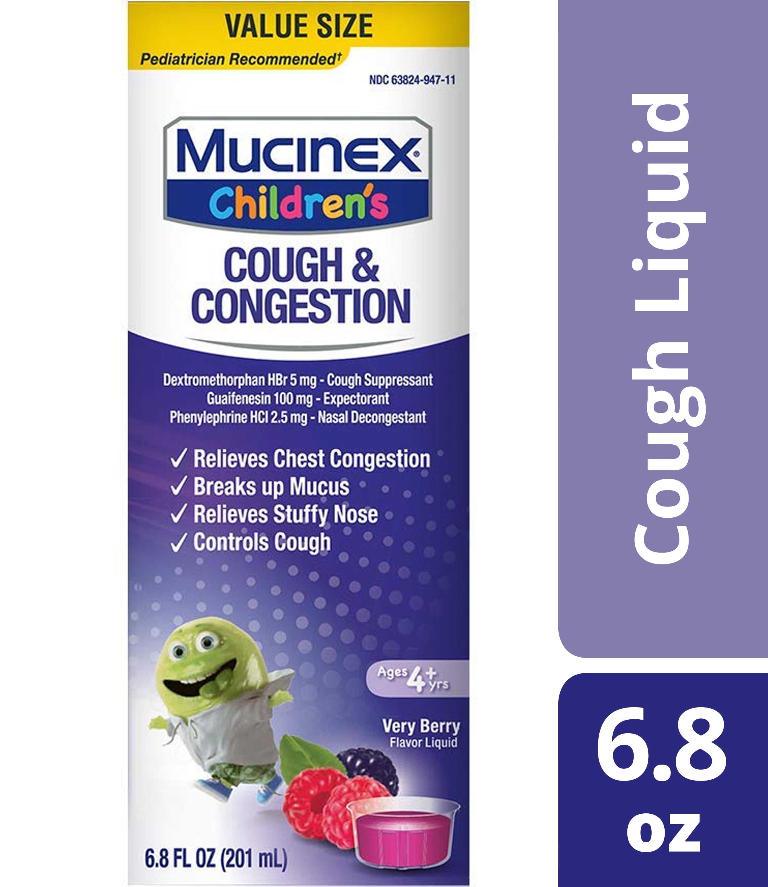 Mucinex Children's Congestion & Cough Liquid, Berrylicious, 6.8oz ...