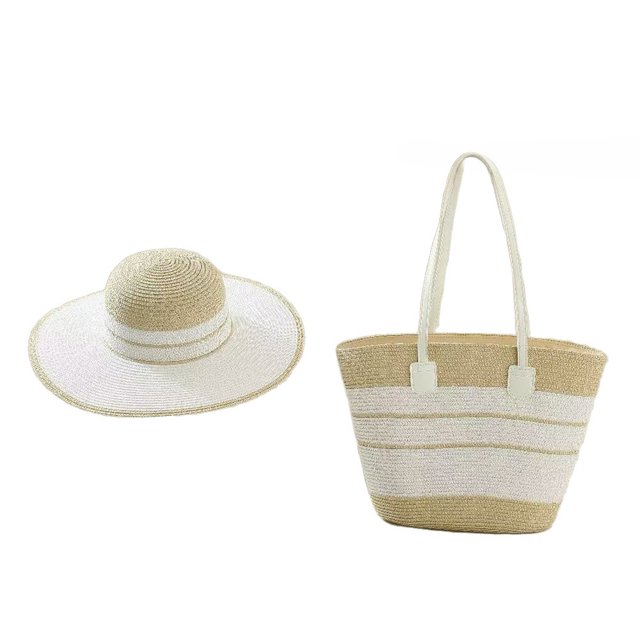 Juego de 2 piezas: Sombrero y bolso de mano con estampado de rayas, sombrero de paja de ala ancha, bolso de mano de ratán hecho a mano, sombrero de playa de verano, bolso de picnic.