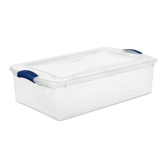 Sterilite Small Latching Storage Bin, 32 Quart Clear Plastic Storage Container with Clear Lid, Blue Latch