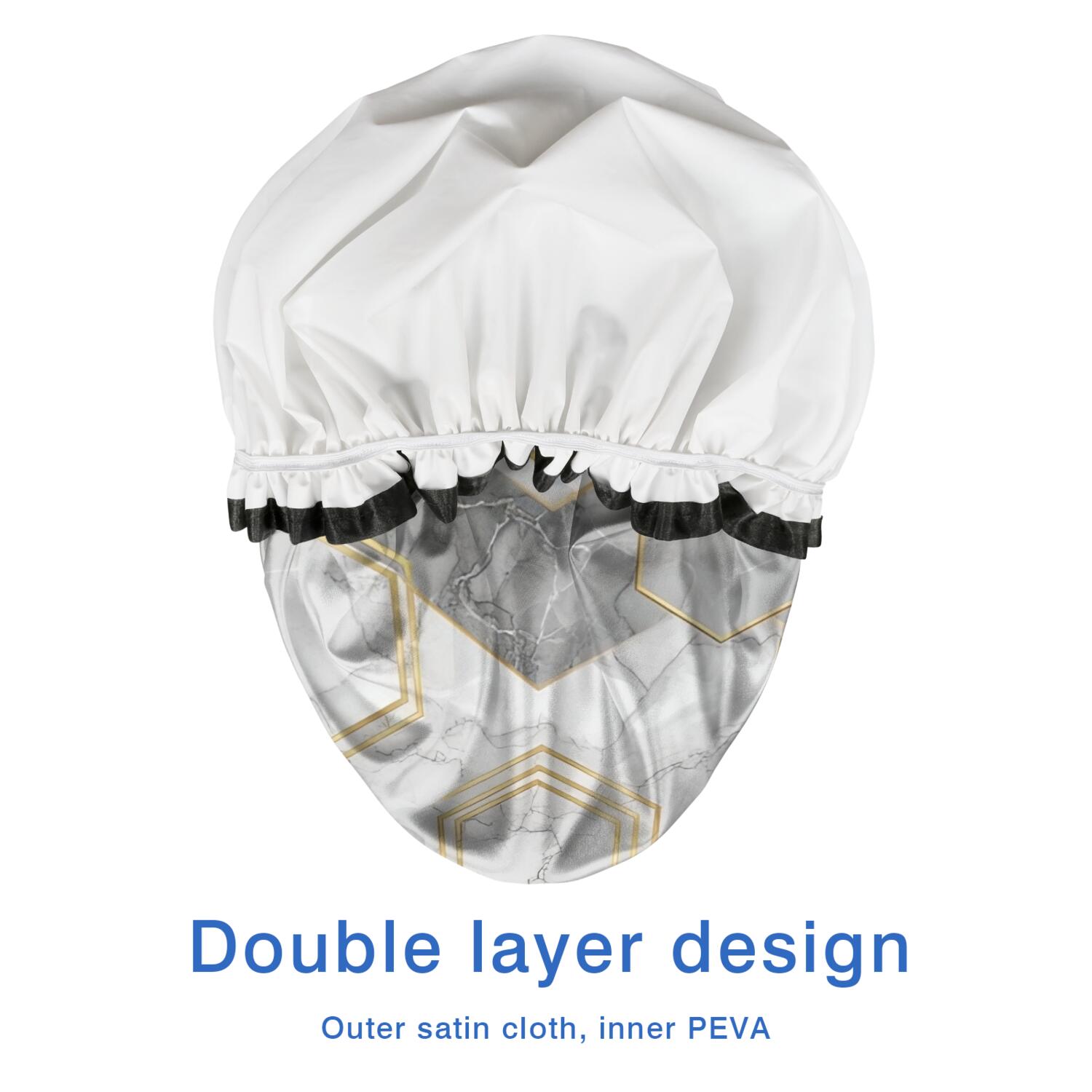 Shower Caps,Gray Marble Gold Hexagon Pattern Waterproof Shower Cap for Women 4 Pieces,Double Reusable Hair Cover for Shower PEVA Elastic Stretch Hem